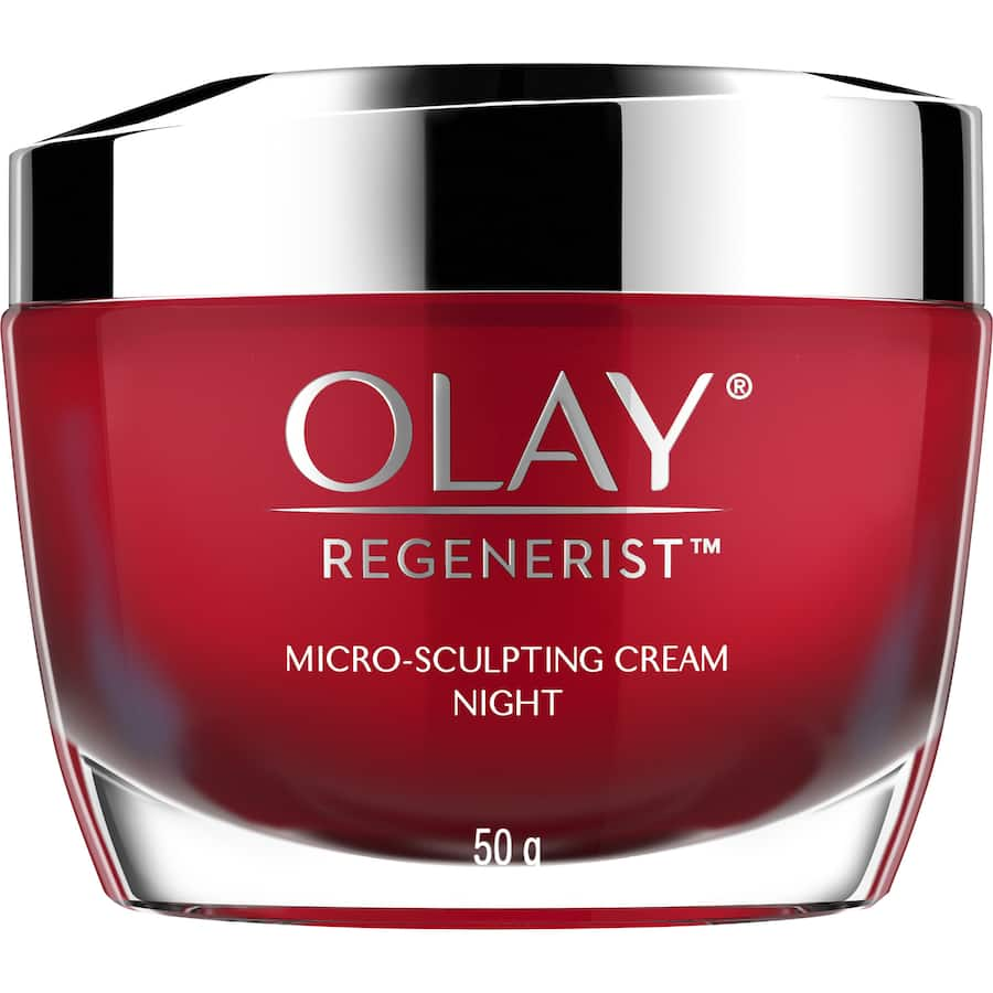 Olay Regenerist Microsculpting Night Face Cream, a hydrating anti-aging moisturizer for firmer, plumper skin overnight.