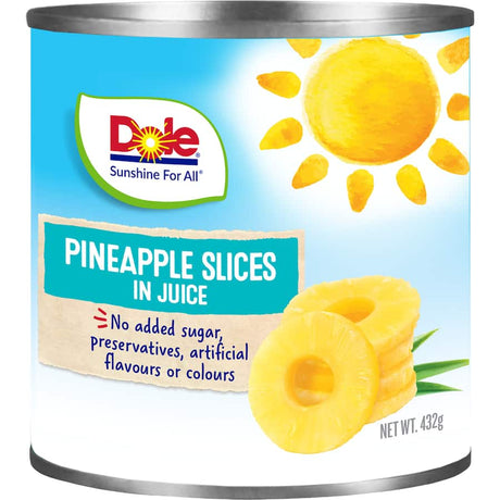 Dole Pineapple Slices in Juice, perfect for baking, grilling, and adding vibrant tropical flavor to various dishes.