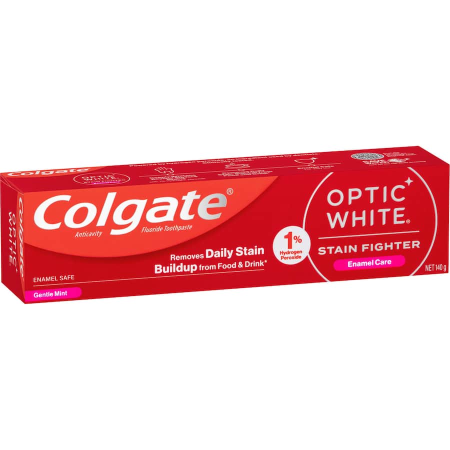 Colgate Optic White Toothpaste: 140g vegan teeth whitening paste with 1% hydrogen peroxide, enamel-safe, gentle mint flavor.