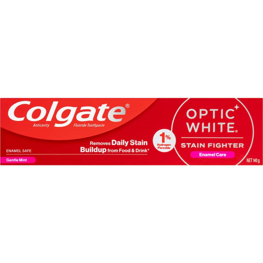 Colgate Optic White Toothpaste for enamel-safe teeth whitening with 1% hydrogen peroxide, vegan, and gentle mint flavor.