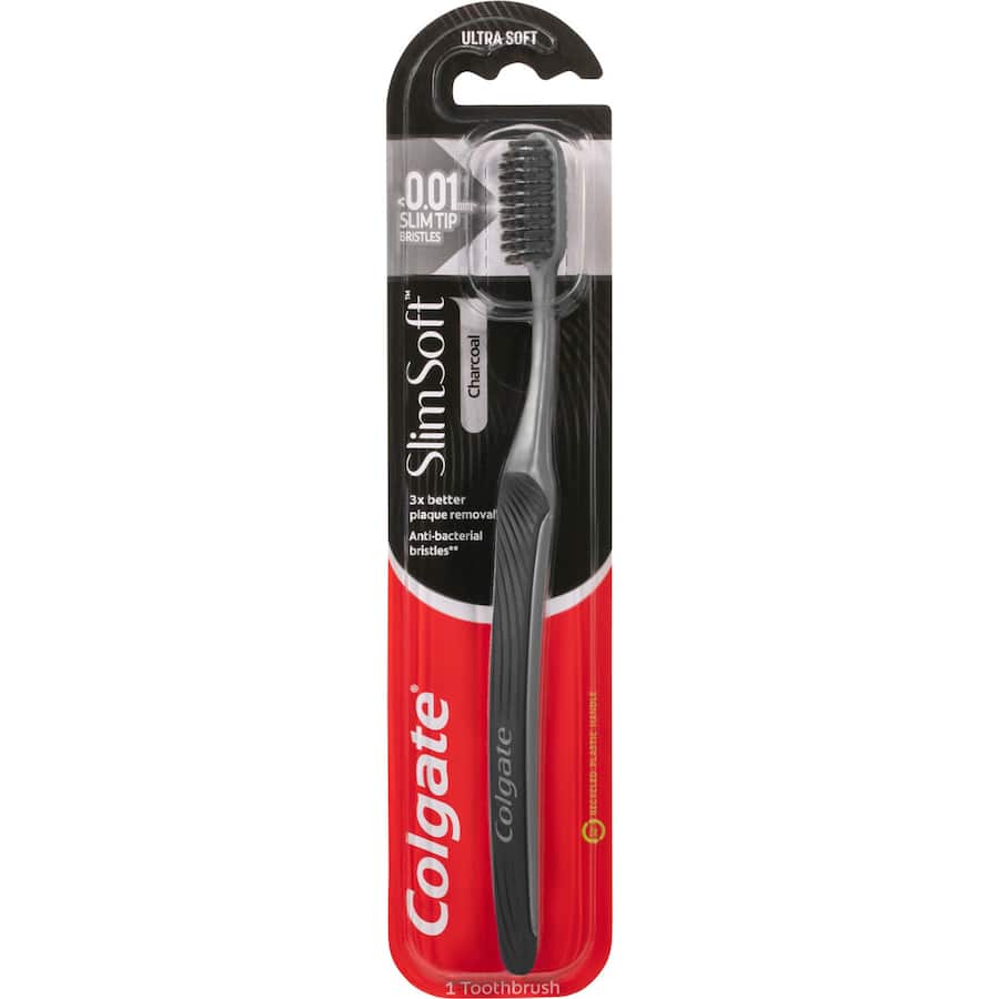 Colgate Slim Soft Toothbrush features charcoal-infused soft bristles for effective cleaning and antibacterial protection.