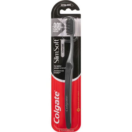Colgate Slim Soft Toothbrush features charcoal-infused soft bristles for effective cleaning and antibacterial protection.
