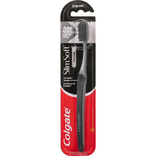 Colgate Slim Soft Toothbrush features charcoal-infused soft bristles for effective cleaning and antibacterial protection.