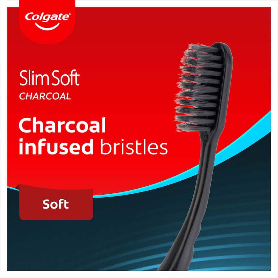 Colgate Slim Soft Toothbrush features charcoal-infused soft bristles for gentle cleaning in hard-to-reach areas.