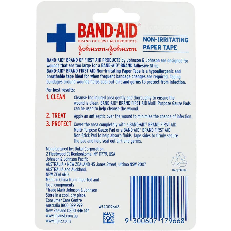 Band Aid Dressing Tape Paper, 2.5cm wide, hypoallergenic tape for wound care, breathable, durable, and gentle on sensitive skin.