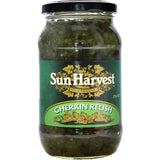 Jar of Sun Harvest Relish Gherkins featuring crunchy, tangy gherkins, perfect for sandwiches, burgers, and gourmet dishes.