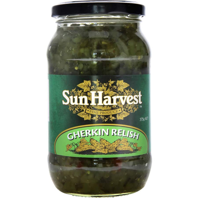 Jar of Sun Harvest Relish Gherkins featuring crunchy, tangy gherkins, perfect for sandwiches, burgers, and gourmet dishes.