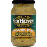 A jar of Sun Harvest Mustard Pickle, a zesty condiment perfect for enhancing hotdogs, burgers, and sandwiches.