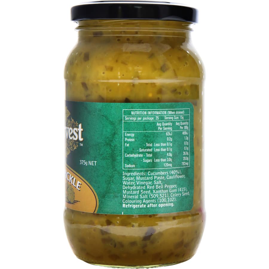 Sun Harvest Mustard Pickle bottle showcasing zesty condiment for hotdogs, burgers, and sandwiches, free from artificial additives.