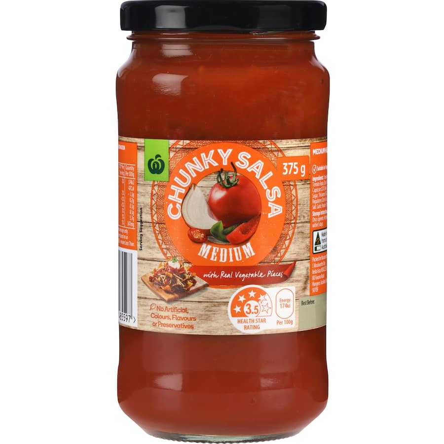 Medium chunky salsa with vegetable pieces, perfect for adding authentic Mexican flavor to snacks and dishes. Suitable for vegetarians.