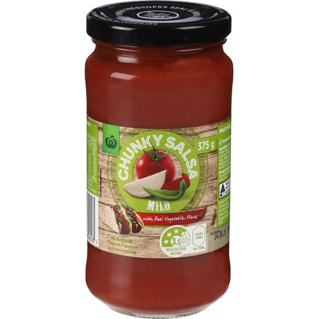 Woolworths Salsa Mild Chunky, a vegetarian-friendly salsa with real vegetable pieces and no artificial additives.