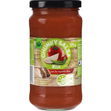 A jar of Woolworths Salsa Mild Chunky featuring vibrant vegetable pieces, perfect for dipping and enhancing meals.