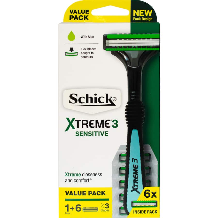 Schick Xtreme3 Razor with 6 cartridges, featuring triple blades and ergonomic grip for a smooth, irritation-free shave.