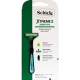 Schick Xtreme3 Razor with 6 cartridges, triple blade design for a smooth, comfortable shave, ideal for sensitive skin.