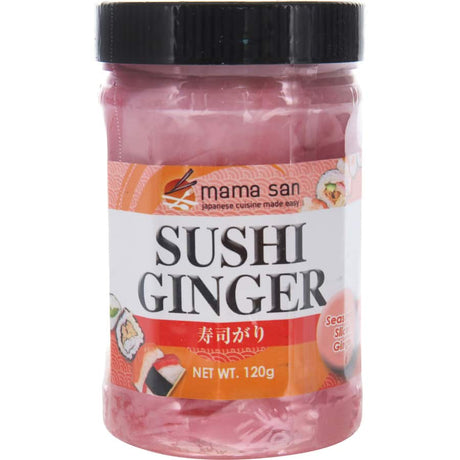 Mama San Asian Sushi Ginger, a premium pickled ginger, perfect for cleansing the palate and enhancing your sushi experience.