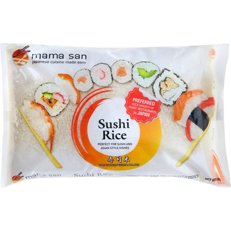 Mama San Asian Sushi Rice, premium short-grain rice for perfect sticky sushi, versatile in various Asian dishes, gluten-free.