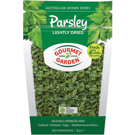 Lightly dried Australian organic parsley enhances dishes with vibrant flavor, perfect for Mediterranean cuisine.