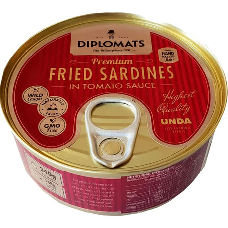 Crispy Diplomats sardines in rich tomato sauce, hand-packed for freshness, perfect for quick meals or gourmet recipes.