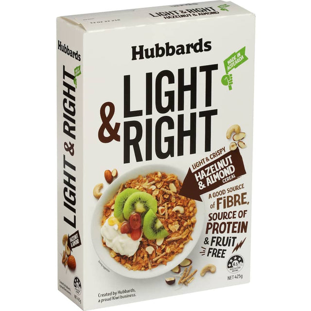 Nutty and wholesome Hubbards Light & Right Cereal with hazelnuts, almonds, and coconut; a delicious, fiber-rich breakfast choice.