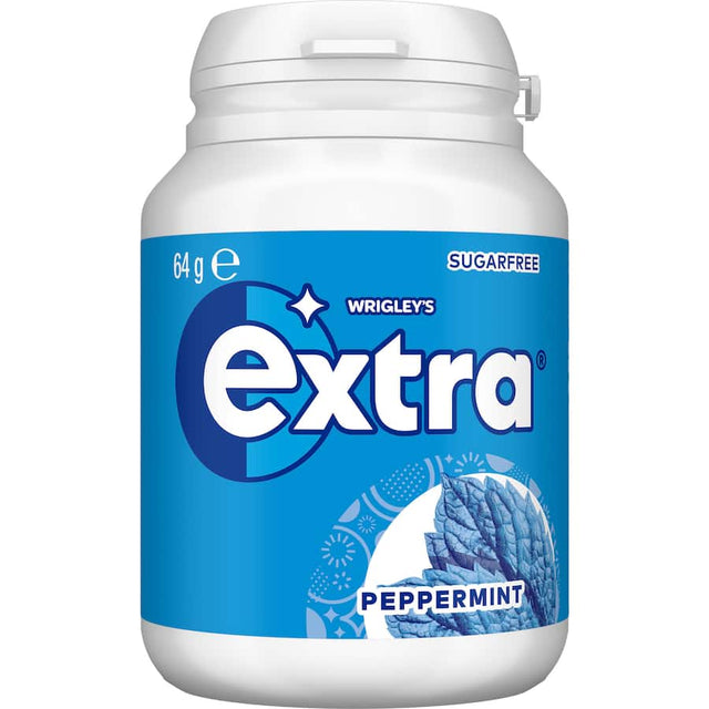 Wrigley's Extra Peppermint gum, sugar-free, 46 pieces in a bottle for fresh breath and convenient on-the-go enjoyment.