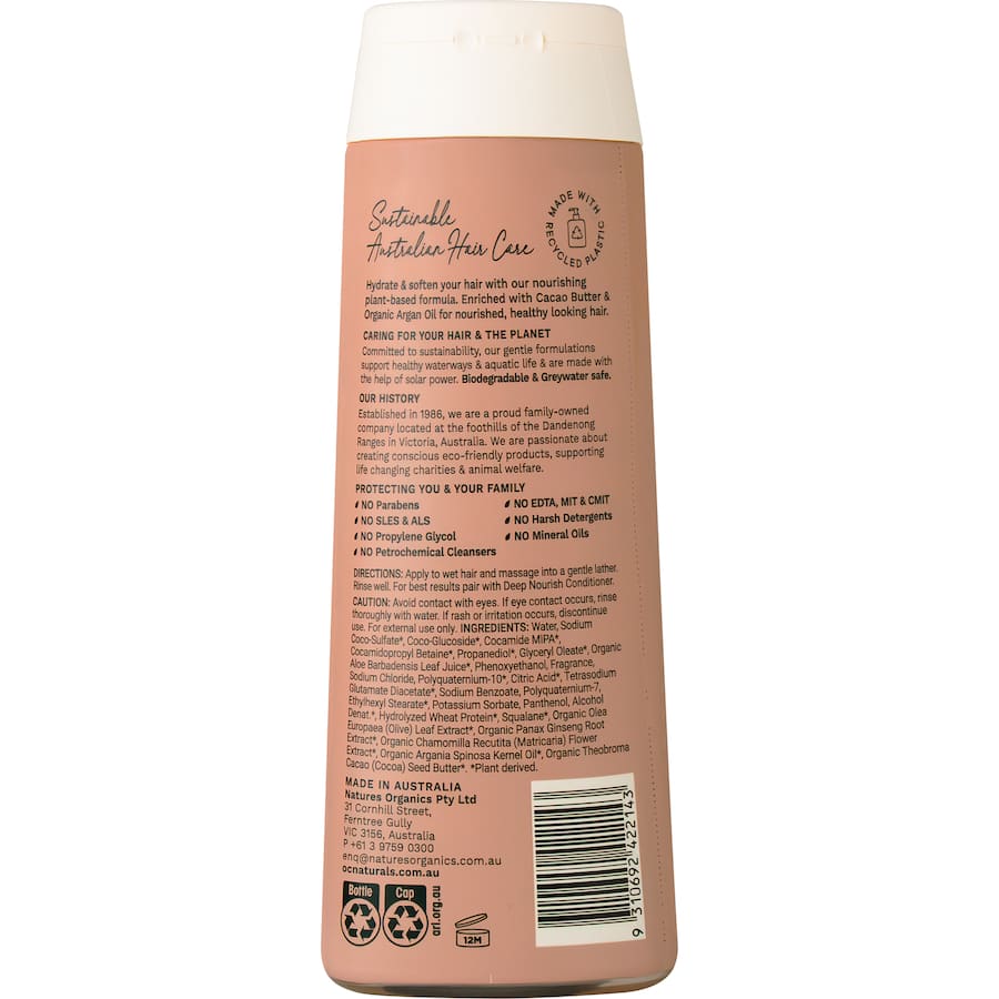 Organic Care Shampoo for dry, damaged hair, enriched with olive leaf extract in eco-friendly packaging.