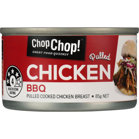 Canned BBQ pulled chicken, ready-to-eat and perfect for quick meals, packed with flavor and protein.