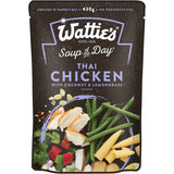 Wattie's Thai Chicken Soup pouch featuring coconut cream, chicken, and spices, perfect for quick, healthy meals.