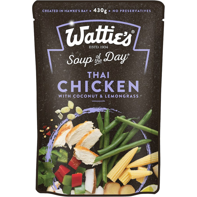 Wattie's Thai Chicken Soup pouch featuring coconut cream, chicken, and spices, perfect for quick, healthy meals.