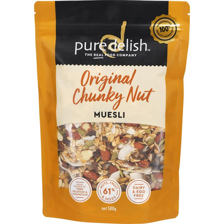 A bag of Pure Delish Muesli Original Chunky Nut featuring nuts, grains, and fruits for a nutritious breakfast option.