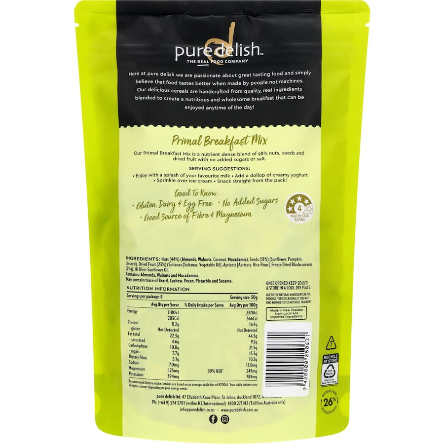 Pure Delish Muesli Primal Breakfast Mix, a gluten-free blend of 98% nuts, seeds, and dried fruits, perfect for healthy breakfasts.