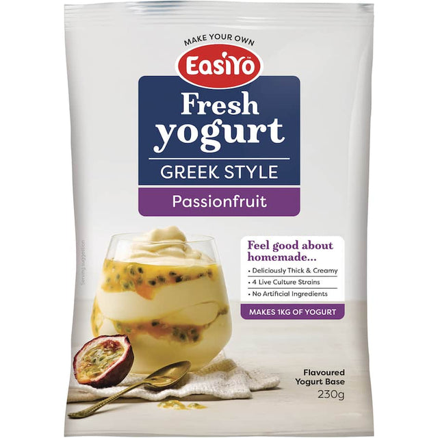 Easiyo Greek Style Passionfruit yogurt base, rich in probiotics for easy homemade yogurt in 8-12 hours.