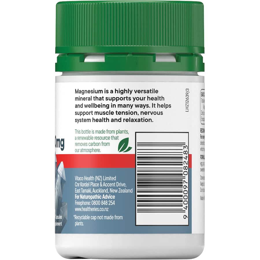 Healtheries Magnesium 1 A Day 400mg tablet for muscle relaxation, energy support, and stress relief, gluten-free and vegetarian-friendly.