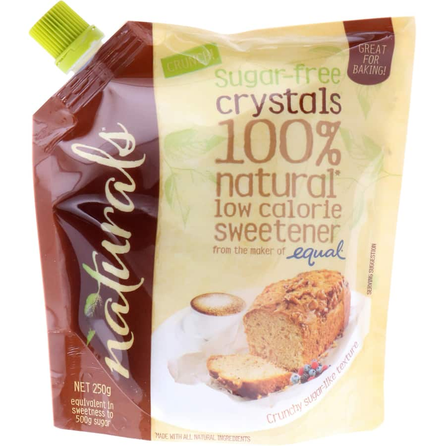 Naturals Sugar Substitute Sugar Free Crystals in a crystal form, perfect for sweetening recipes with 97% fewer calories.