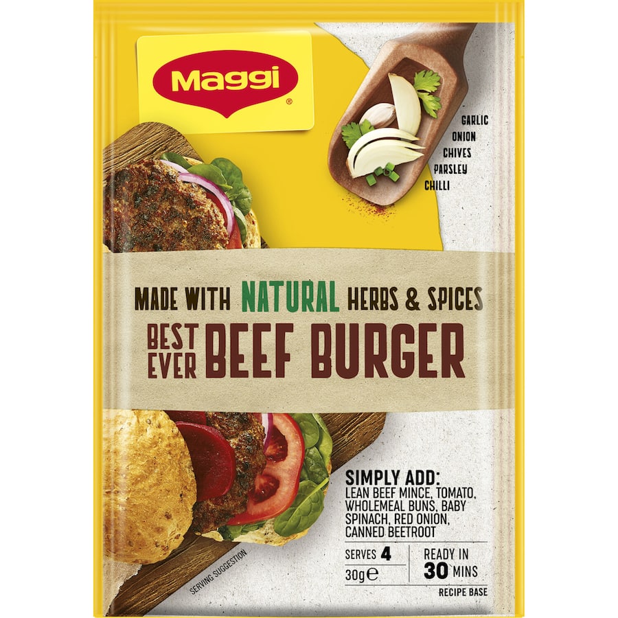 Maggi Best Ever Recipe Base for beef burgers, simplifies seasoning for juicy, flavorful homemade burgers.