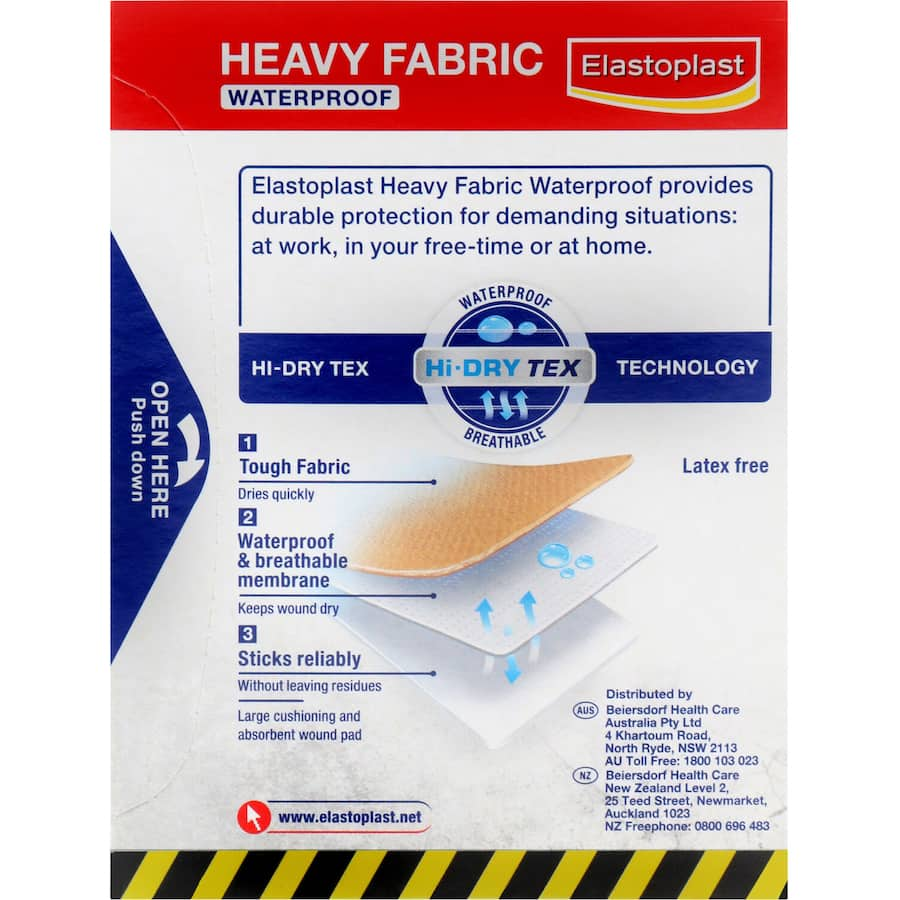 Waterproof and breathable heavy fabric plasters with Bacteria Shield for effective wound protection in various activities.