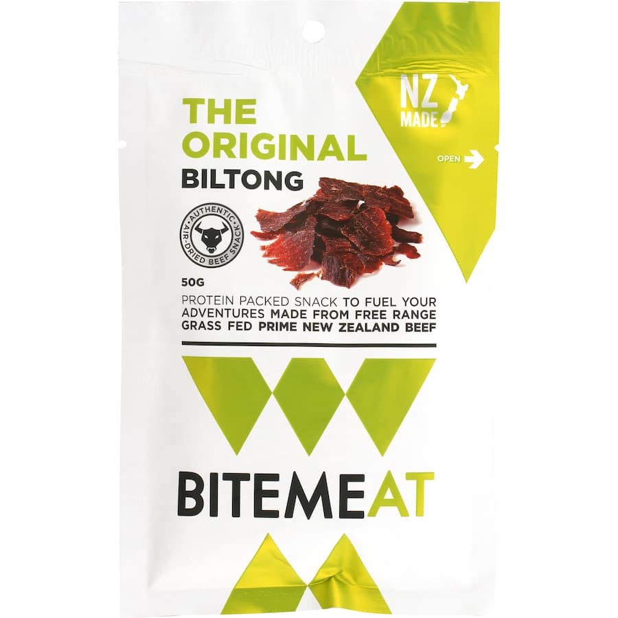 Bitemeat Biltong Original: air-dried, high-protein beef snack with coriander and pepper, perfect for on-the-go enjoyment.