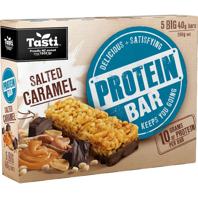 Tasti Protein Bars Salted Caramel - chewy nut bars with 10g protein, gluten-free, and indulgent salted caramel flavor.