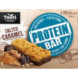 Tasti Protein Bars Salted Caramel: chewy nut bars with 10g protein, gluten-free, and a rich salted caramel flavor.