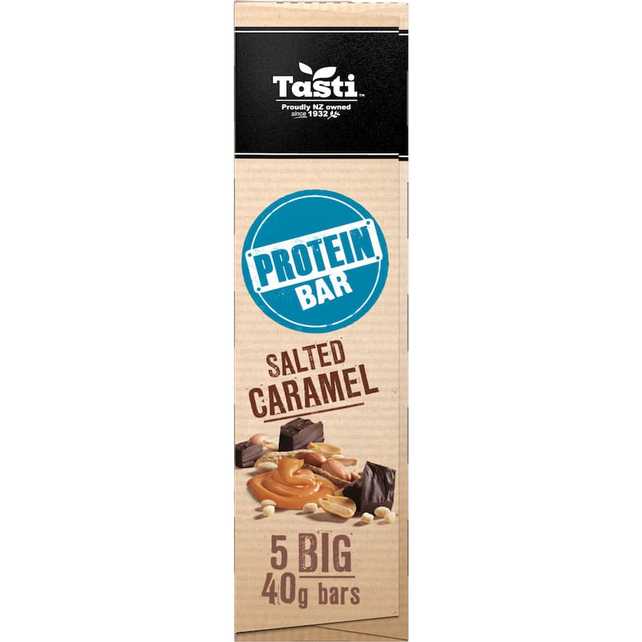 Tasti Protein Bars Salted Caramel: Chewy, gluten-free snack with 10g protein, rich salted caramel flavor for on-the-go energy.