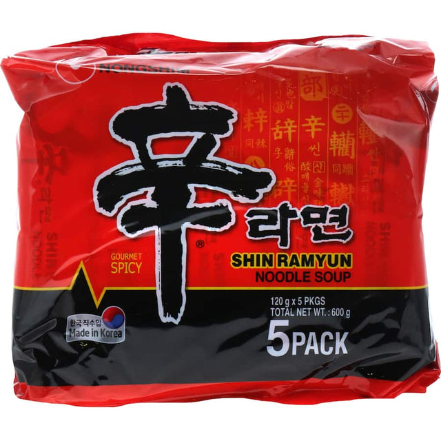 A multi-pack of Nong Shim Shinramen instant noodles, featuring bold flavors and soft noodles, ready in just 5 minutes.