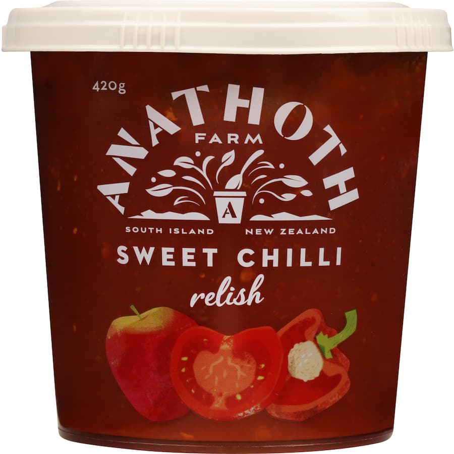 A jar of Anathoth Farm Relish Sweet Chilli, perfect for enhancing grilled meats, sandwiches, and snacks with sweet heat.