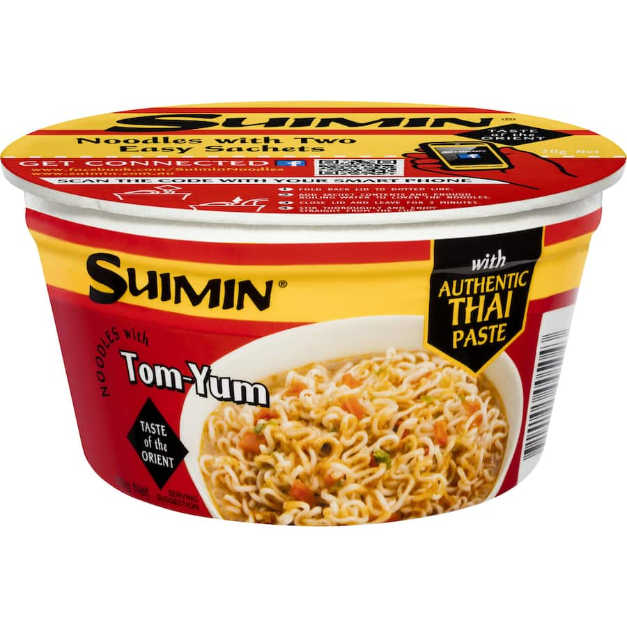 Suimin Instant Noodles Tom Yum Bowl with Thai spices, vegetables, and fork, ready in 3 minutes for quick meals.