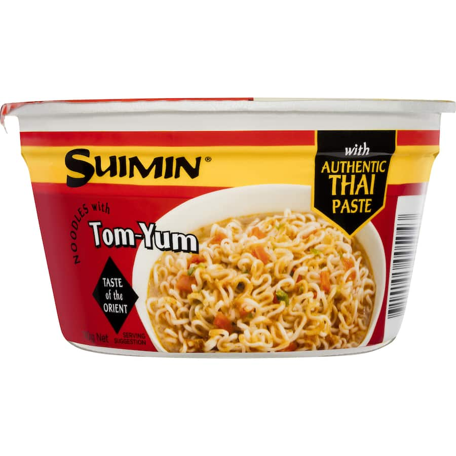 Bowl of Suimin Instant Noodles featuring tom yum flavor, spices, and vegetables, ready in 3 minutes for quick meals.