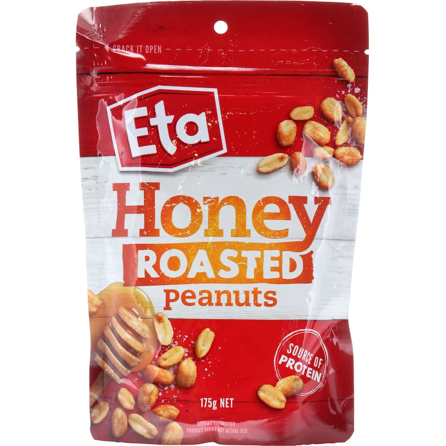 Honey roasted peanuts in a shiny glaze, offering a sweet and savory snack ideal for any occasion or culinary use.