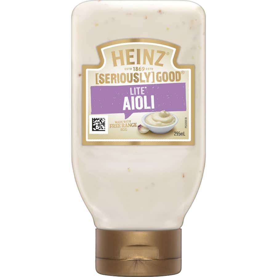 Creamy, garlicky Heinz [Seriously] Good Aioli Lite in a squeeze bottle, offering 50% less fat for guilt-free flavor.