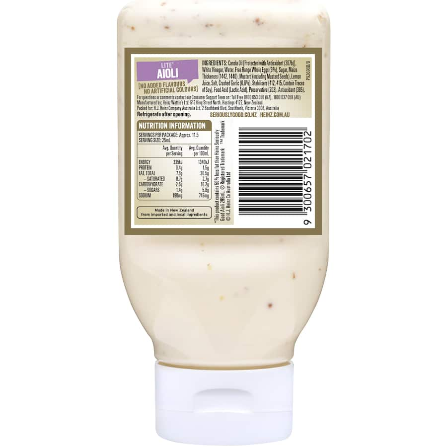 Creamy and garlicky Heinz [Seriously] Good Aioli Lite in a squeeze bottle, perfect for healthy dipping and drizzling.