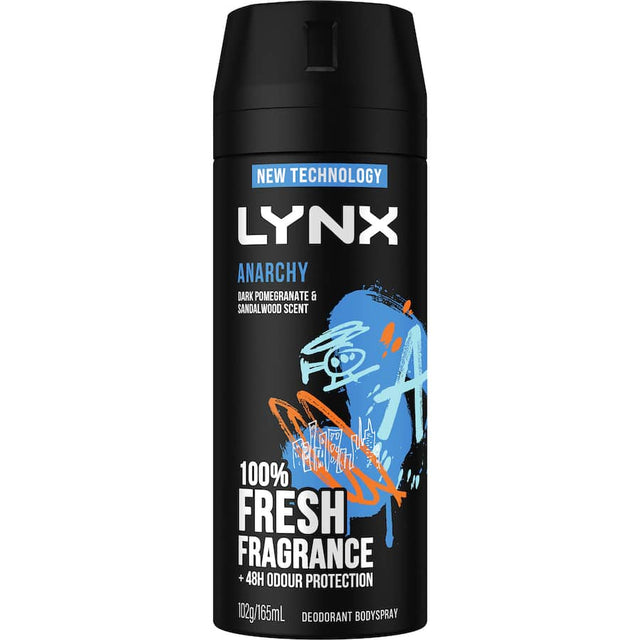 Lynx Anarchy deodorant body spray features a bold scent of dark pomegranate and sandalwood, offering 48-hour odour protection.