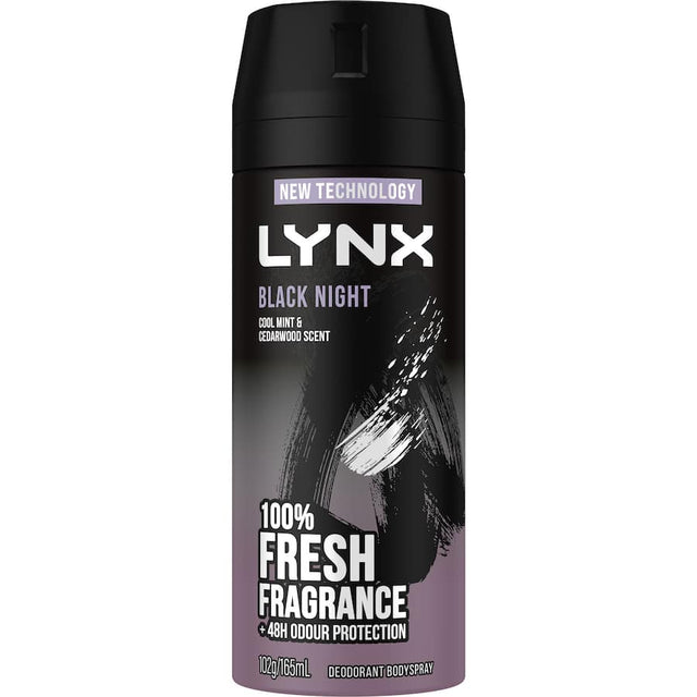 Lynx Black Night deodorant body spray in a sleek can; features cool mint and cedarwood scent for 48-hour odor protection.