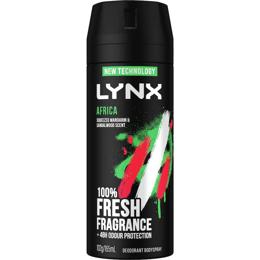 Lynx Africa Deodorant Body Spray featuring mandarin and sandalwood, offers 48-hour odour protection in eco-friendly packaging.