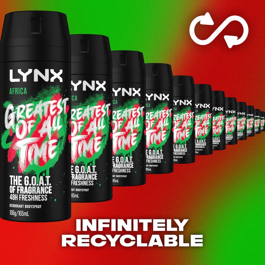 Lynx Africa Deodorant Body Spray features a vibrant mandarin and sandalwood scent, offering 48-hour odor protection in eco-friendly packaging.